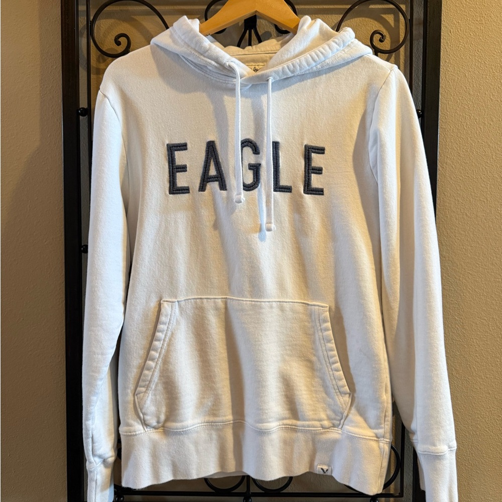 American Eagle White Hoodie Sweatshirt Dark Gray Embroidered Men Women Small